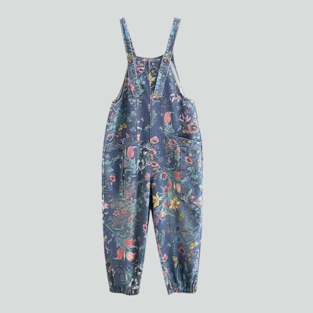 Floral print blue denim jumpsuit