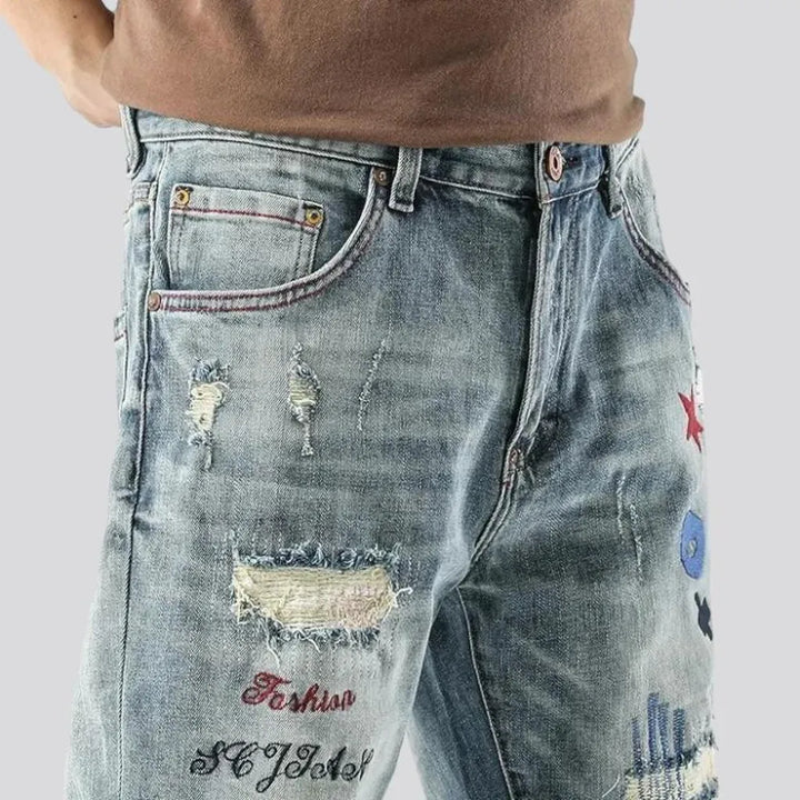 Embroidered whiskered jeans shorts
 for men