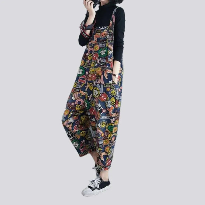 Cartoon print denim jumpsuit
 for women