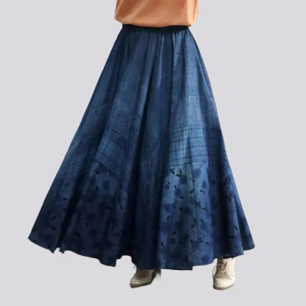 Long dark wash jeans skirt
 for women