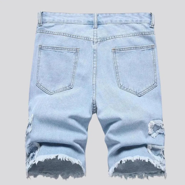 Grunge street style raw hem men's denim shorts