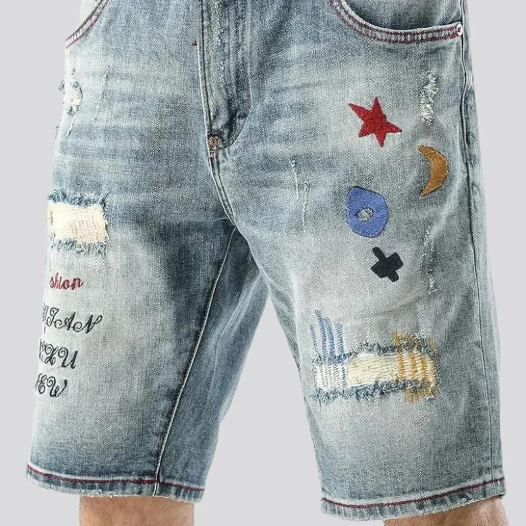 Embroidered whiskered jeans shorts
 for men