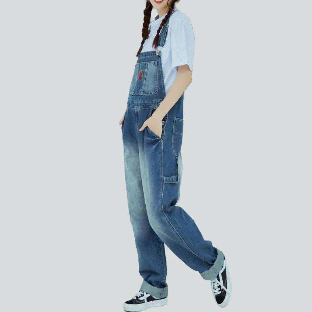 Chest embroidery women's denim dungaree