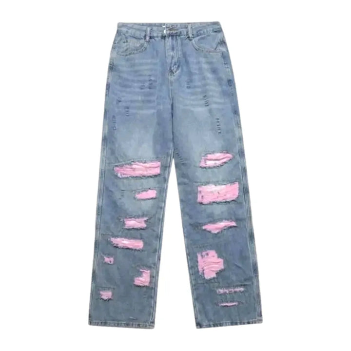 Distressed Pink Patchwork Men's Jeans - Light Blue