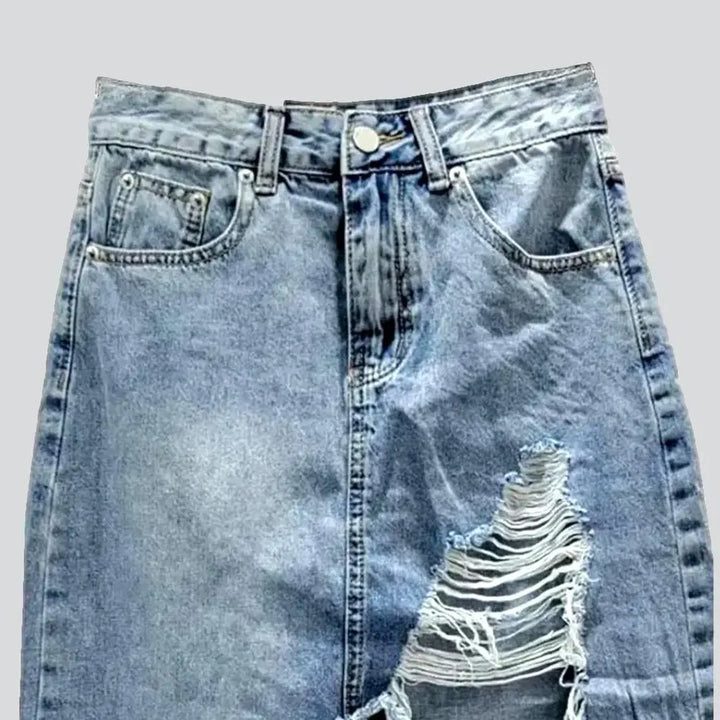 Distressed long denim skirt