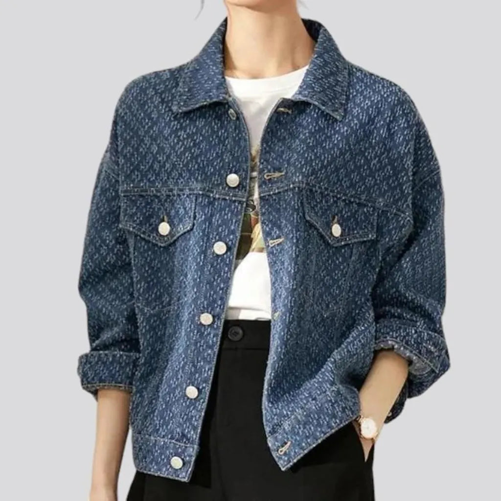 Boho medium-wash denim jacket for women