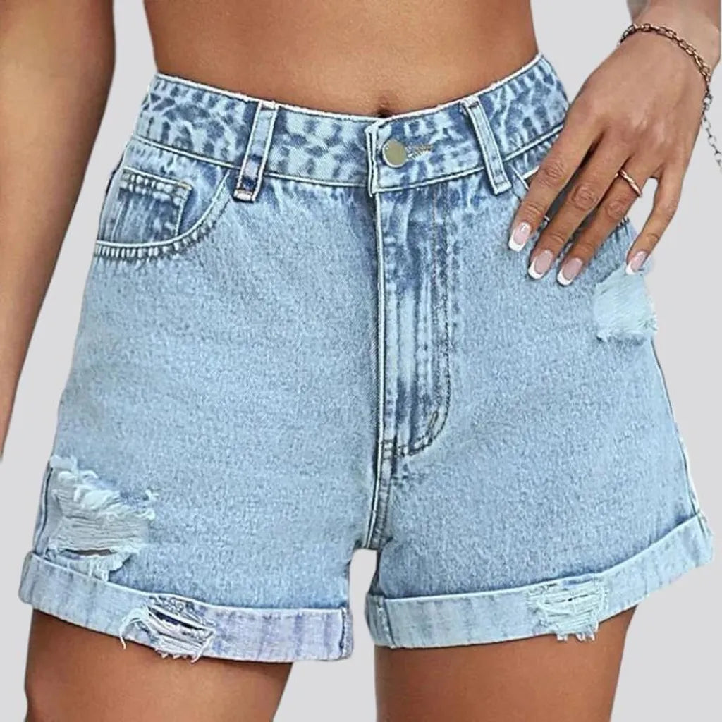 distressed, straight, light-wash, high-waist, 5-pockets, zipper-button, women's shorts | Jeans4you.shop