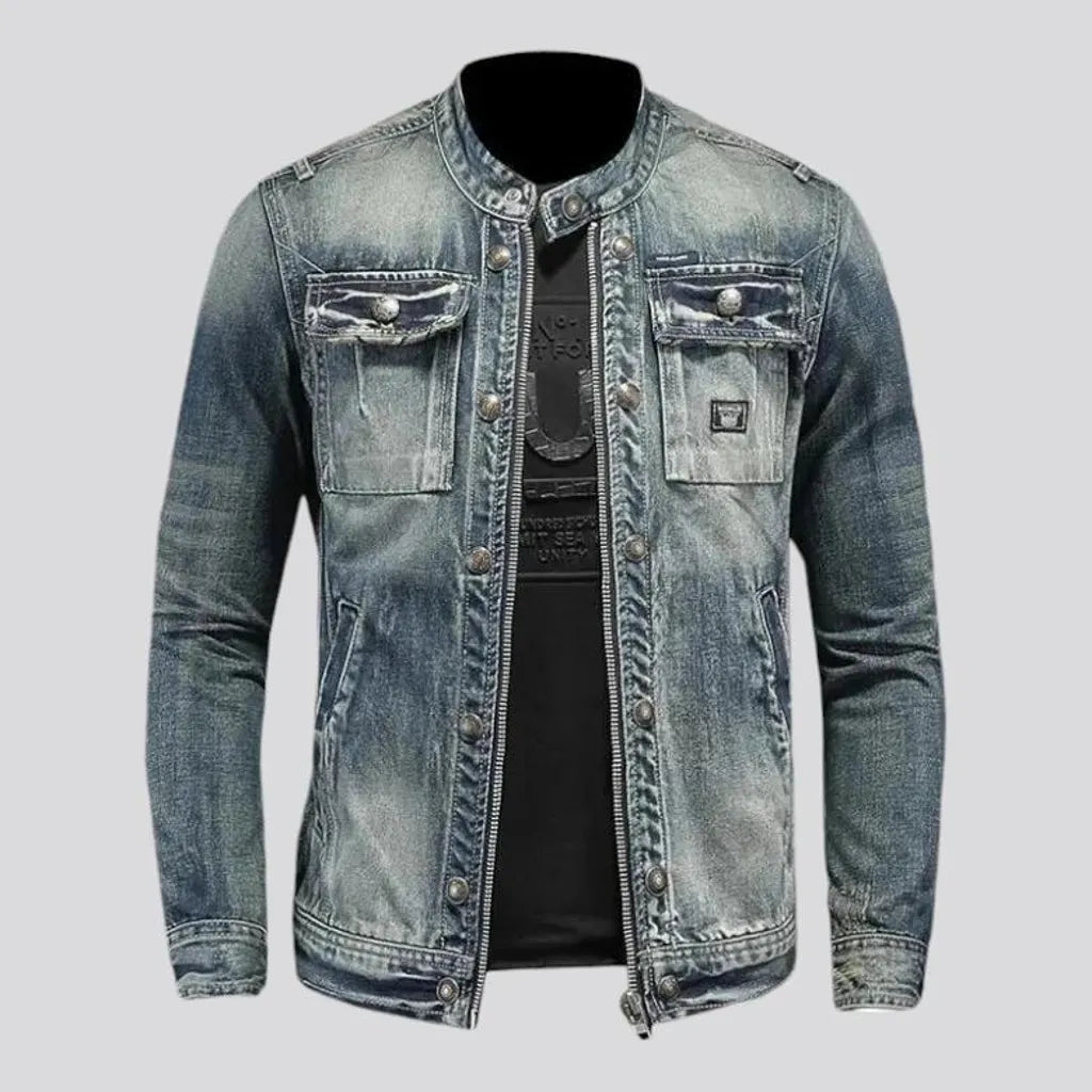 Sanded biker style riding denim jacket for men