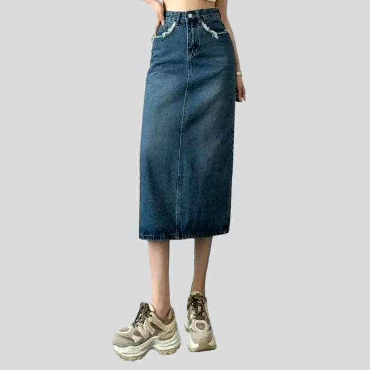 Frayed-pockets long jeans skirt