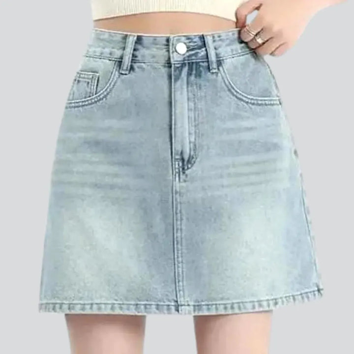 Whiskered high-waist jean skort