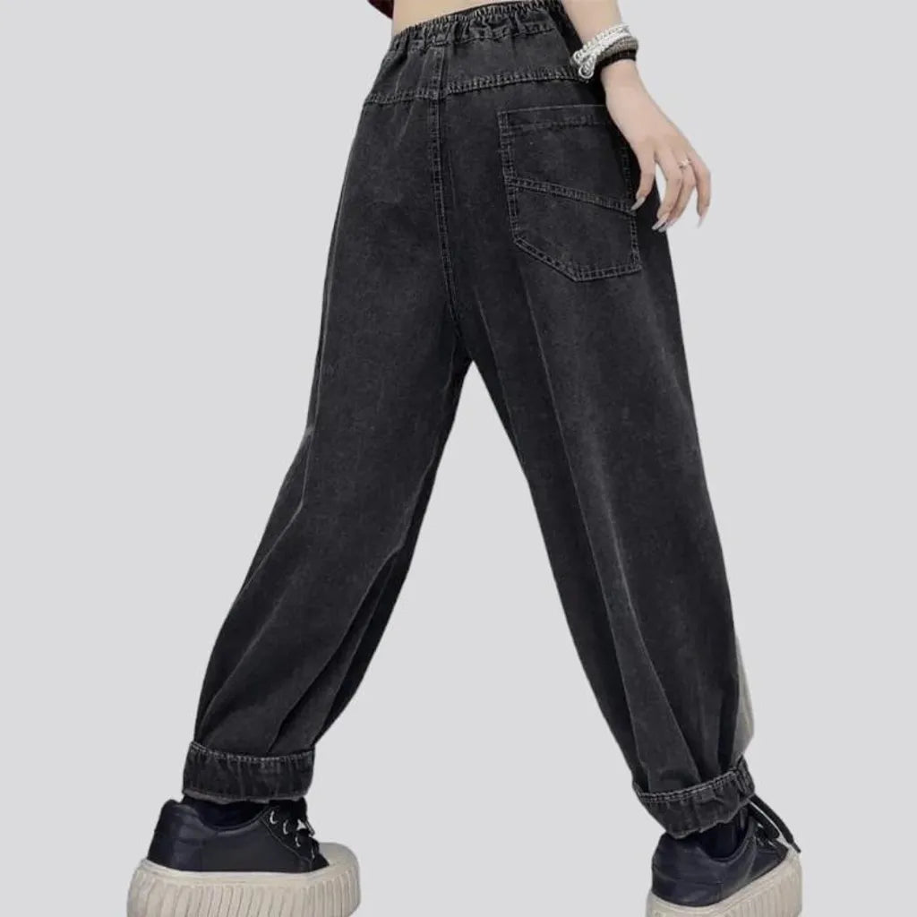 Side-bands distressed denim pants for ladies