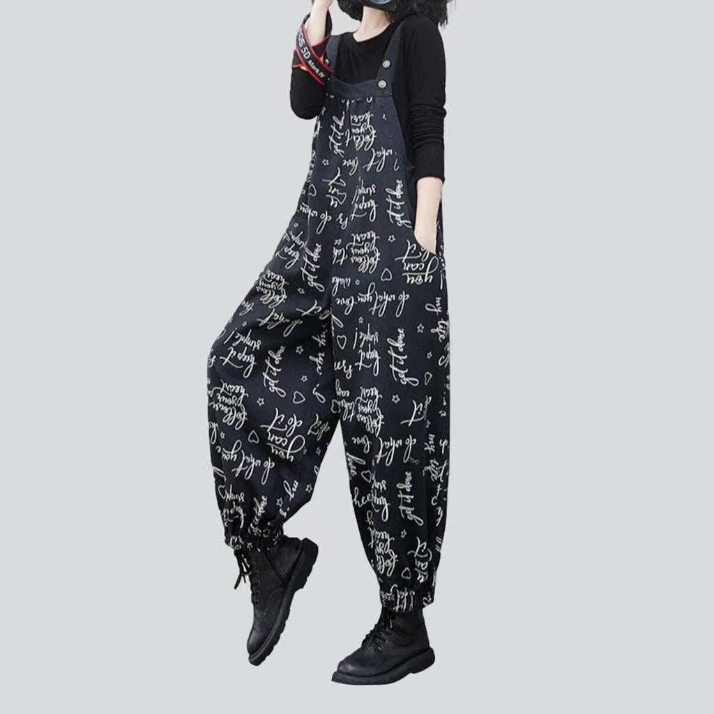 Handwriting printed women's denim overall