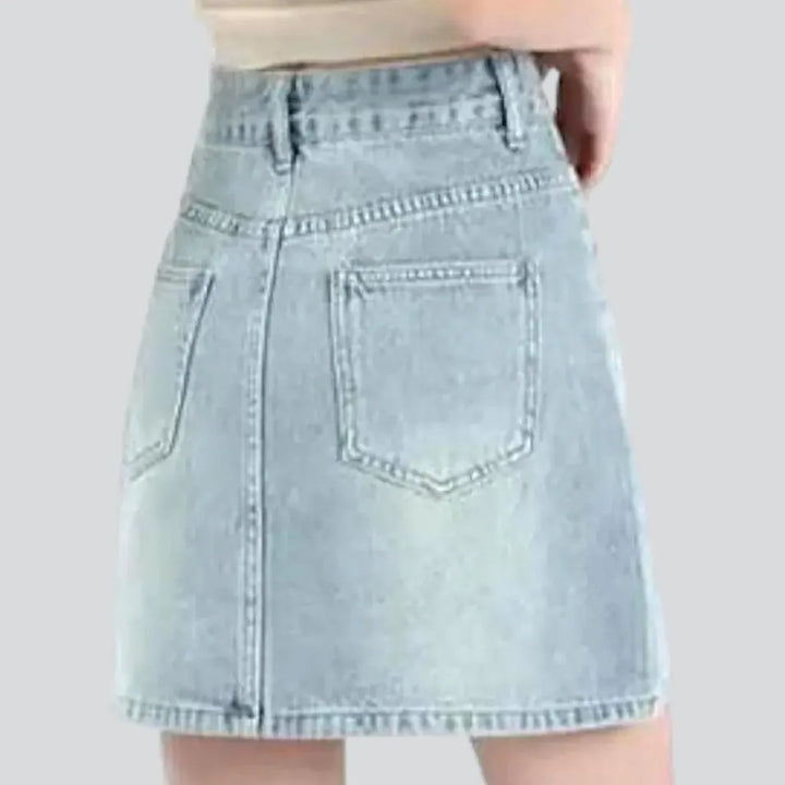 Whiskered high-waist jean skort