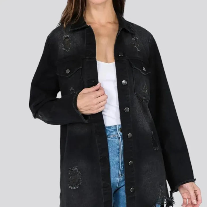 Chic frayed hem women's denim shirt