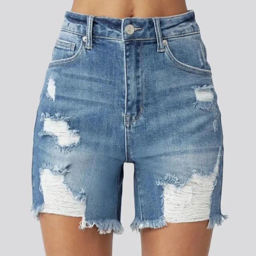 Whiskered high-waist women's denim shorts