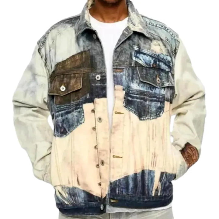 Fashionable Bleached Men's Jeans Jacket - White