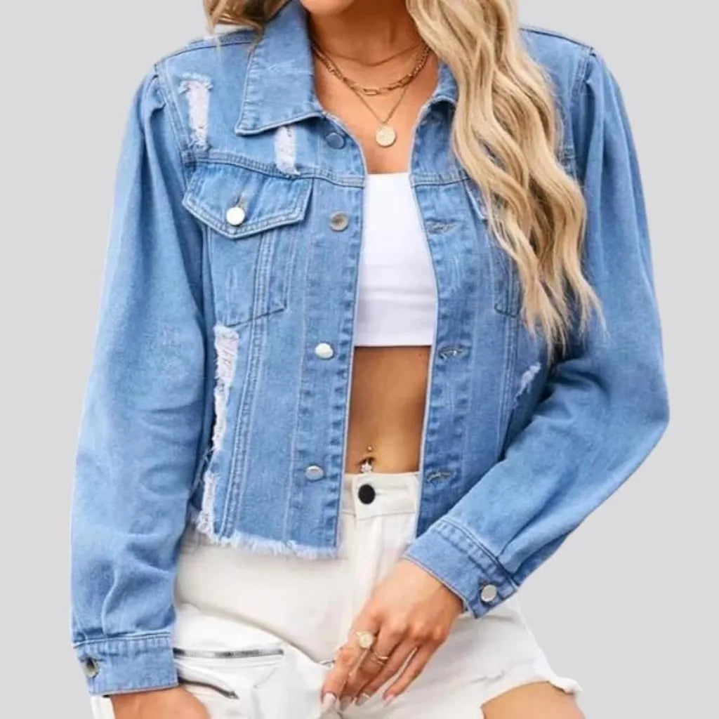 short, distressed, light-wash, raw-hem, flap-pockets, buttoned, women's jacket | Jeans4you.shop