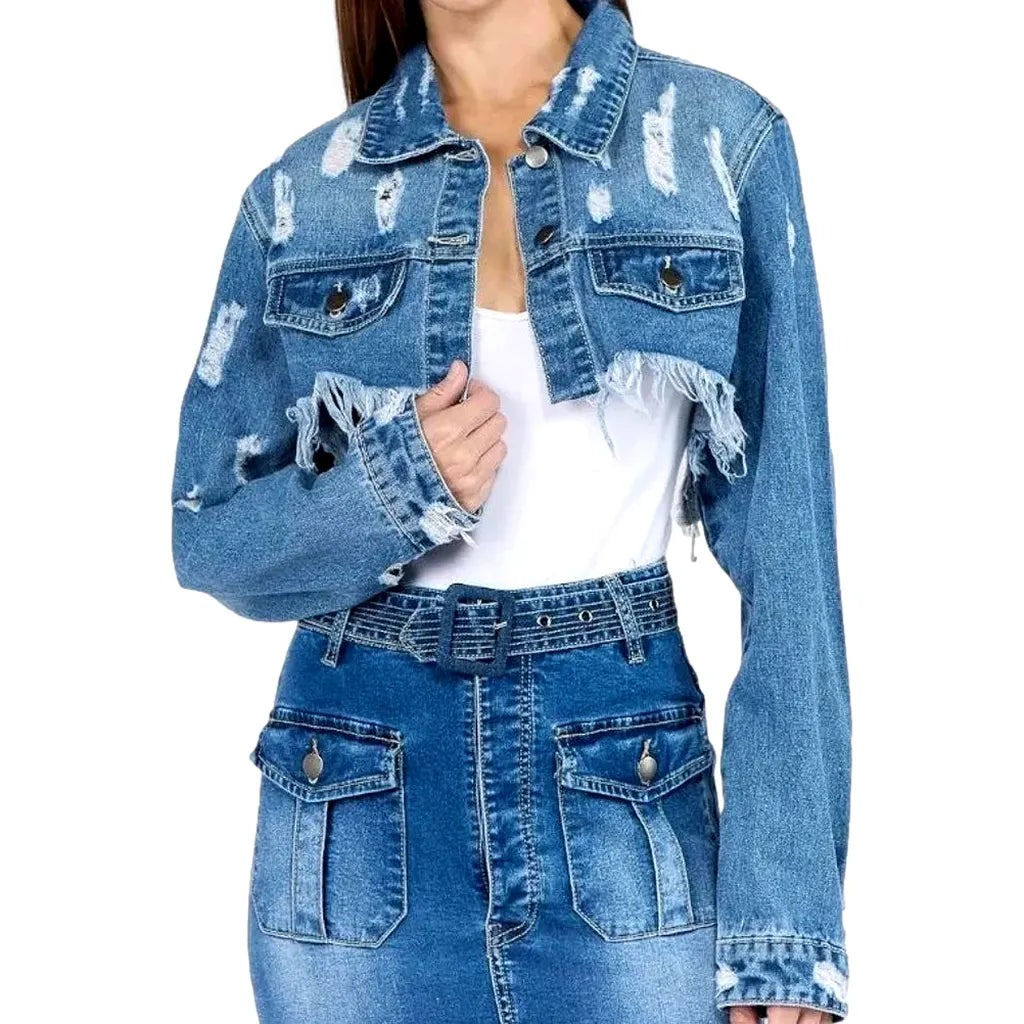 Fashionable Frayed Denim Jacket for Women - Light Blue