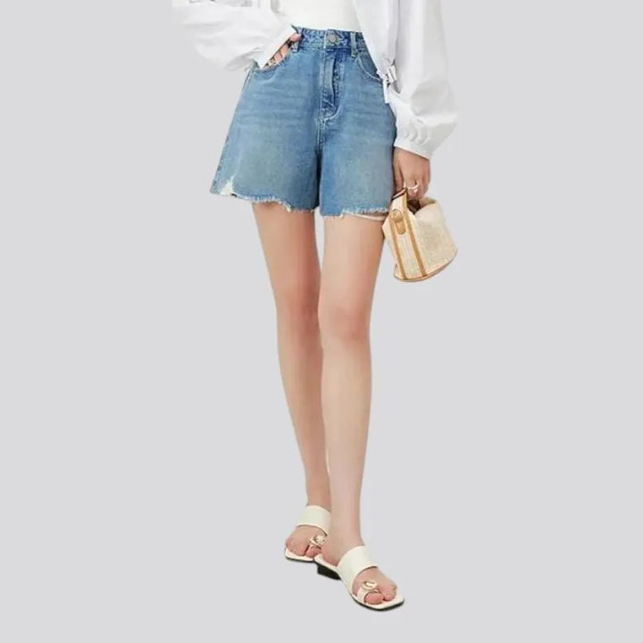 Torn raw hem wide fit women's denim shorts