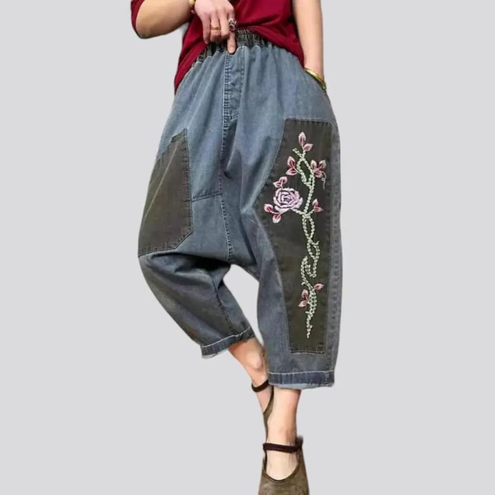 High-waist embroidered jean pants for women