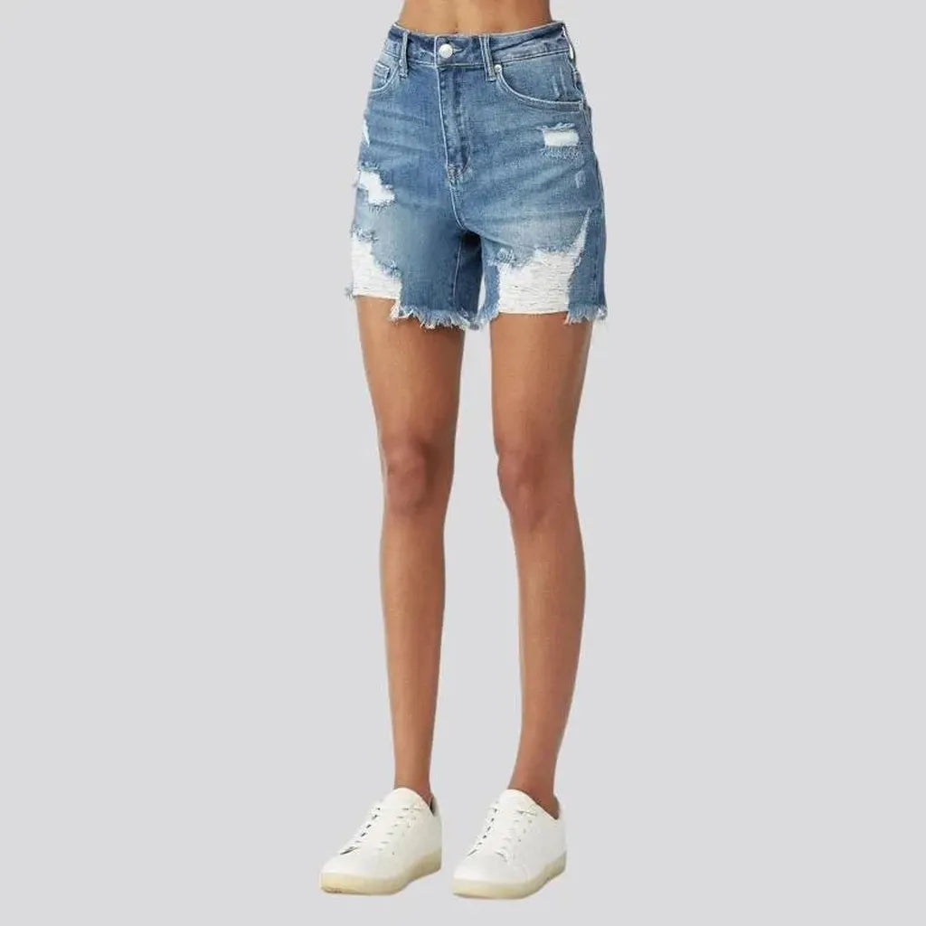 Whiskered high-waist women's denim shorts