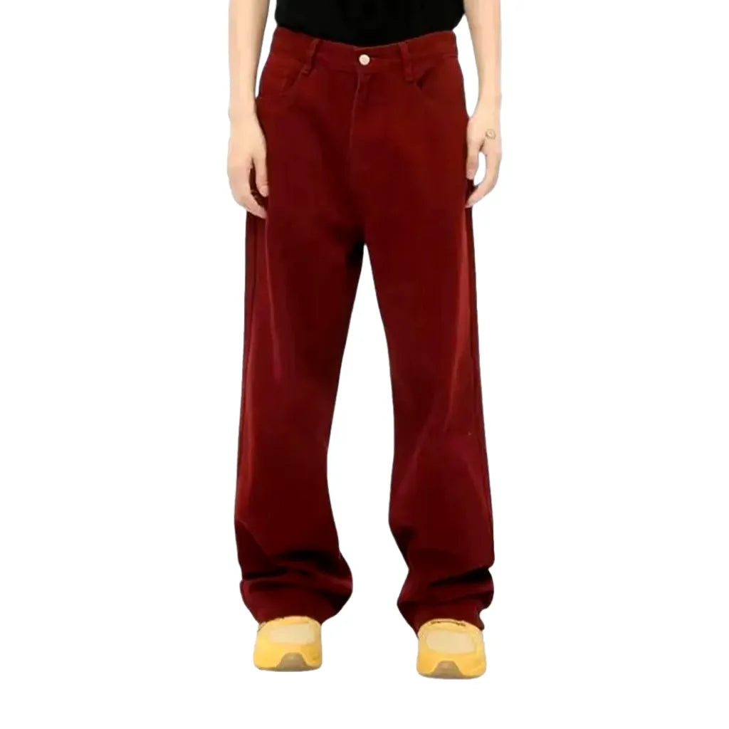 Colored Baggy Leg Mid-rise Men's Denim Pants - Red