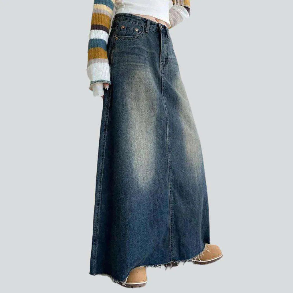 Sanded floor-length denim skirt