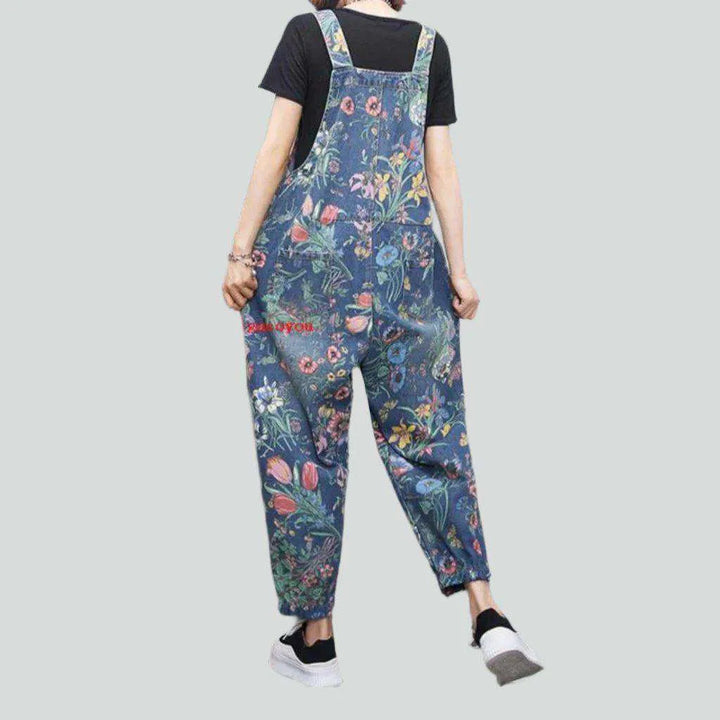 Floral print blue denim jumpsuit