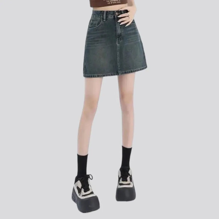 Whiskered high-waist jean skort