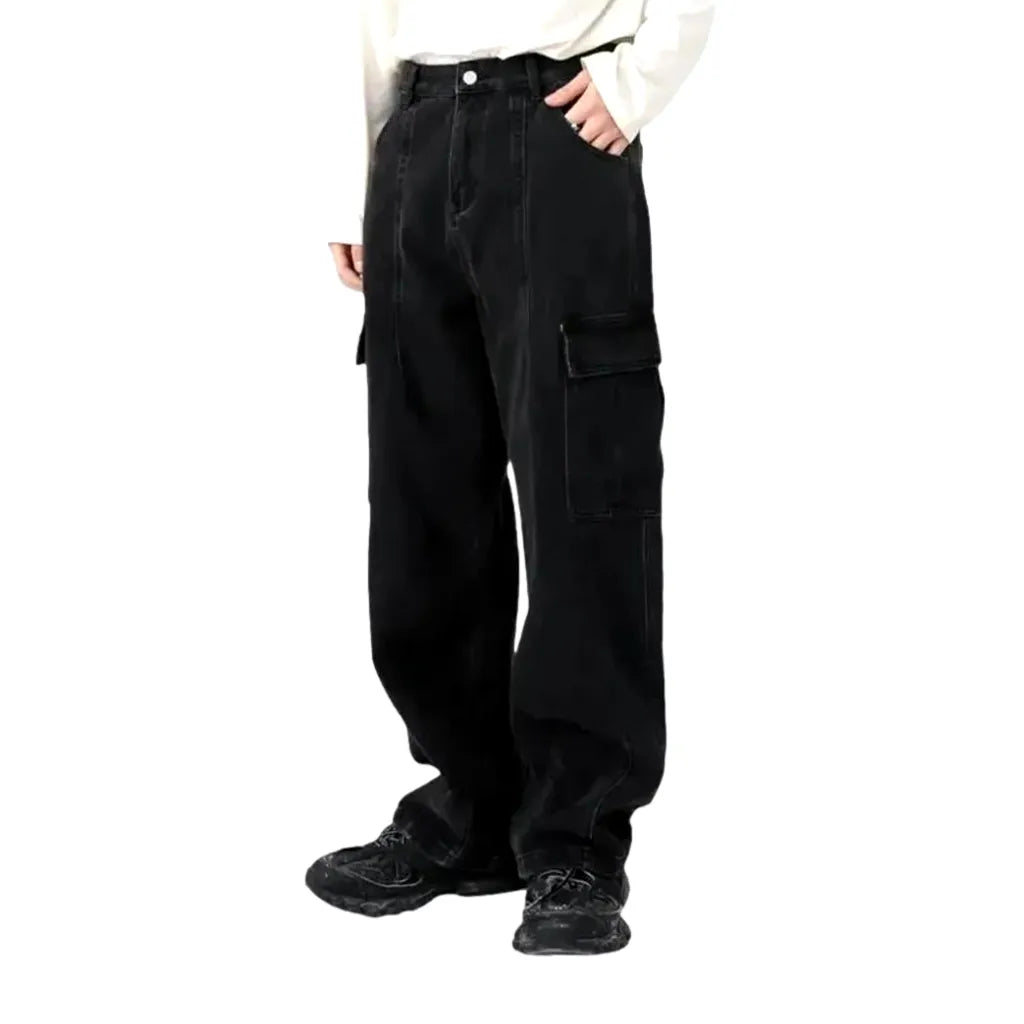 Washed Out Cargo Pockets Men's Jeans - Black