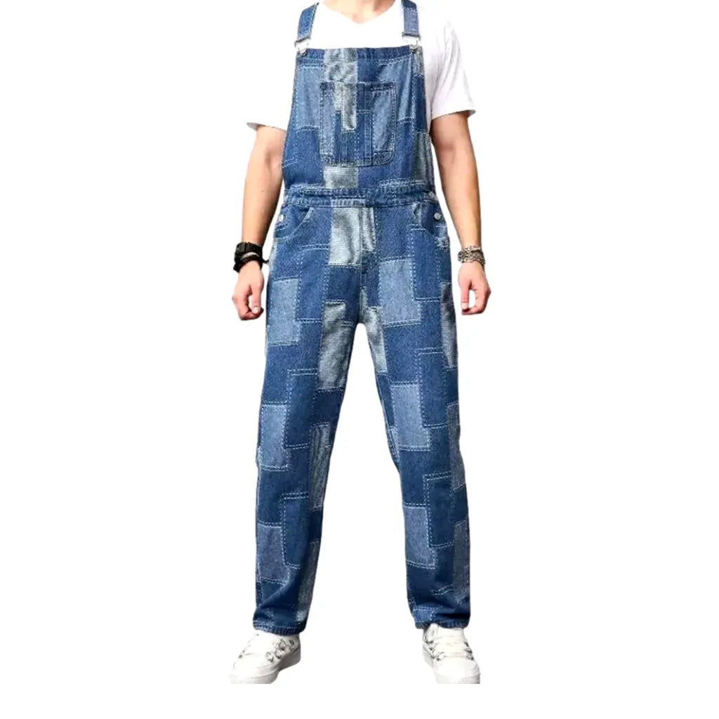 Boho Patchwork Design Men's Jeans Dungaree - Blue