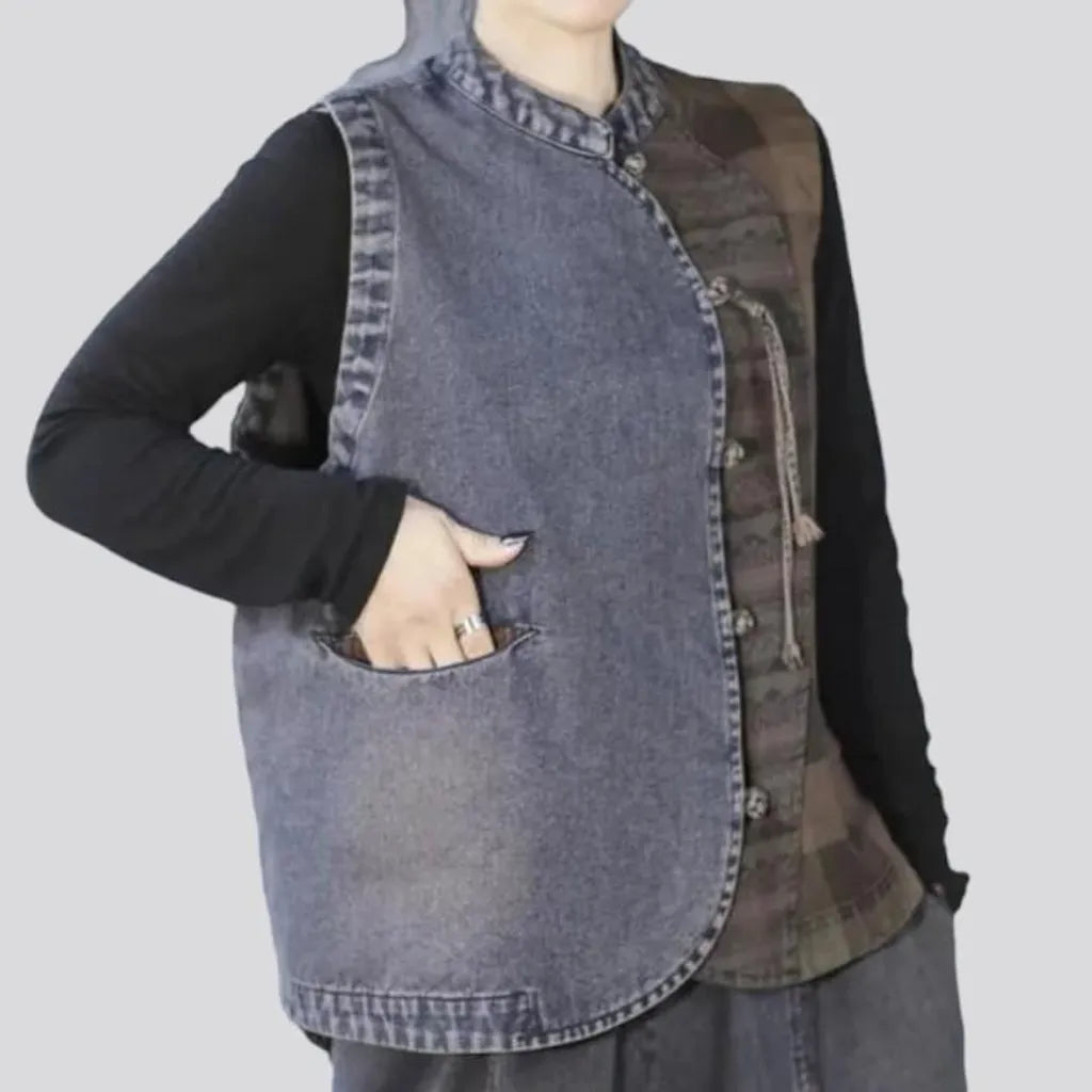 Ornament round-collar jeans vest