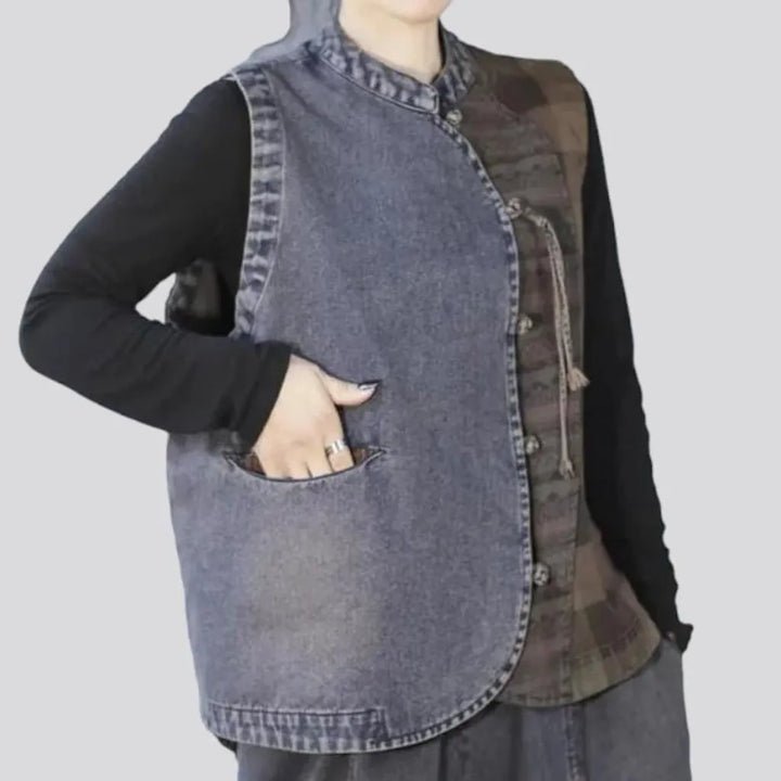 Ornament round-collar jeans vest