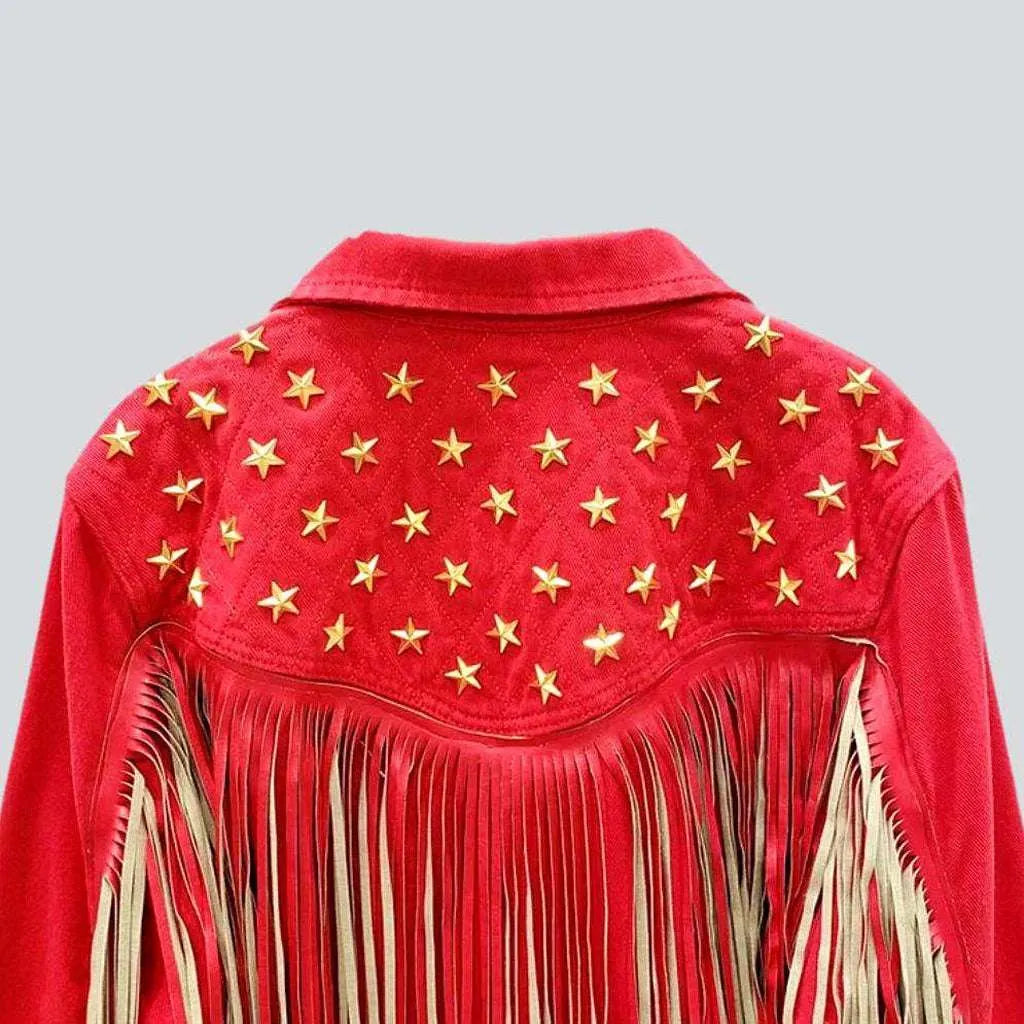 Fringe embellished color denim jacket