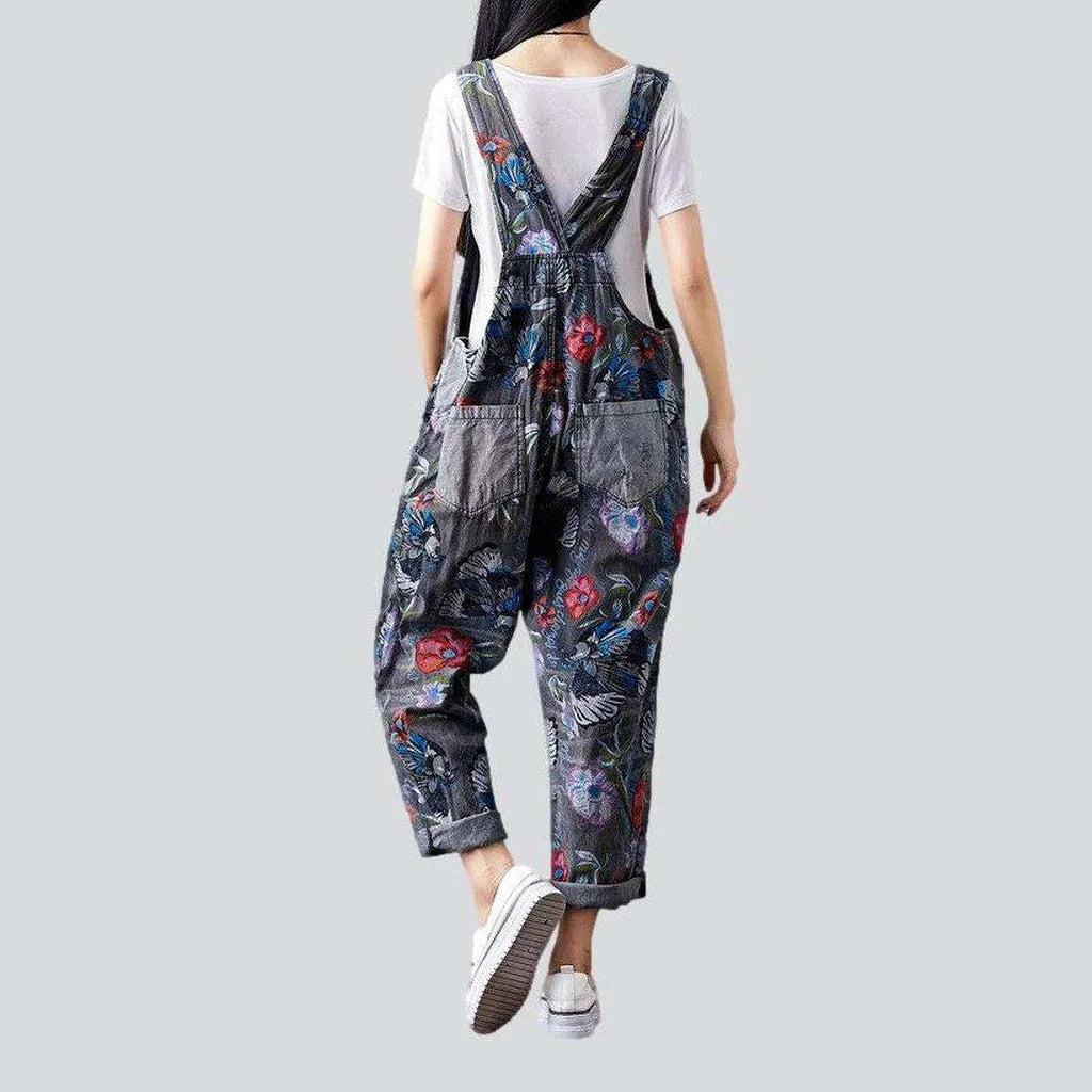 Floral women's denim jumpsuit