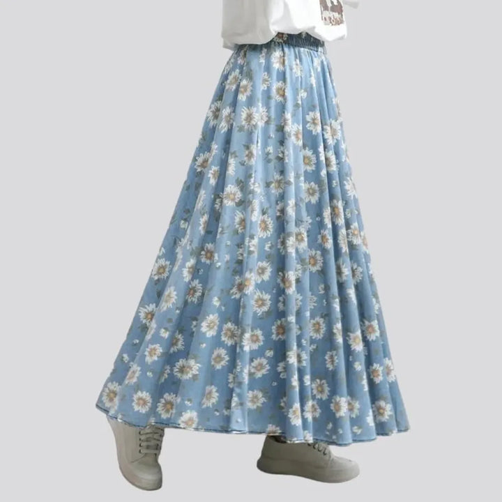 Painted flower-print jeans skirt