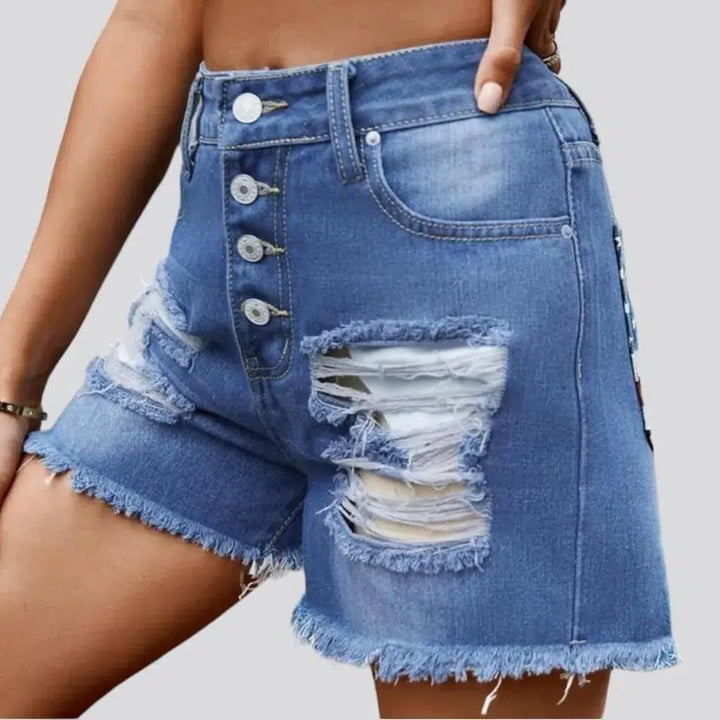 High-waist patched jeans shorts