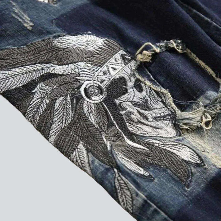 Indian skull embroidery men's jeans