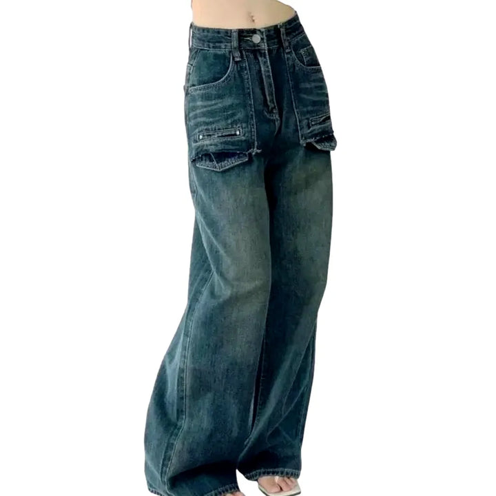 Washed Out Cargo Pocket Jeans for Ladies - Blue