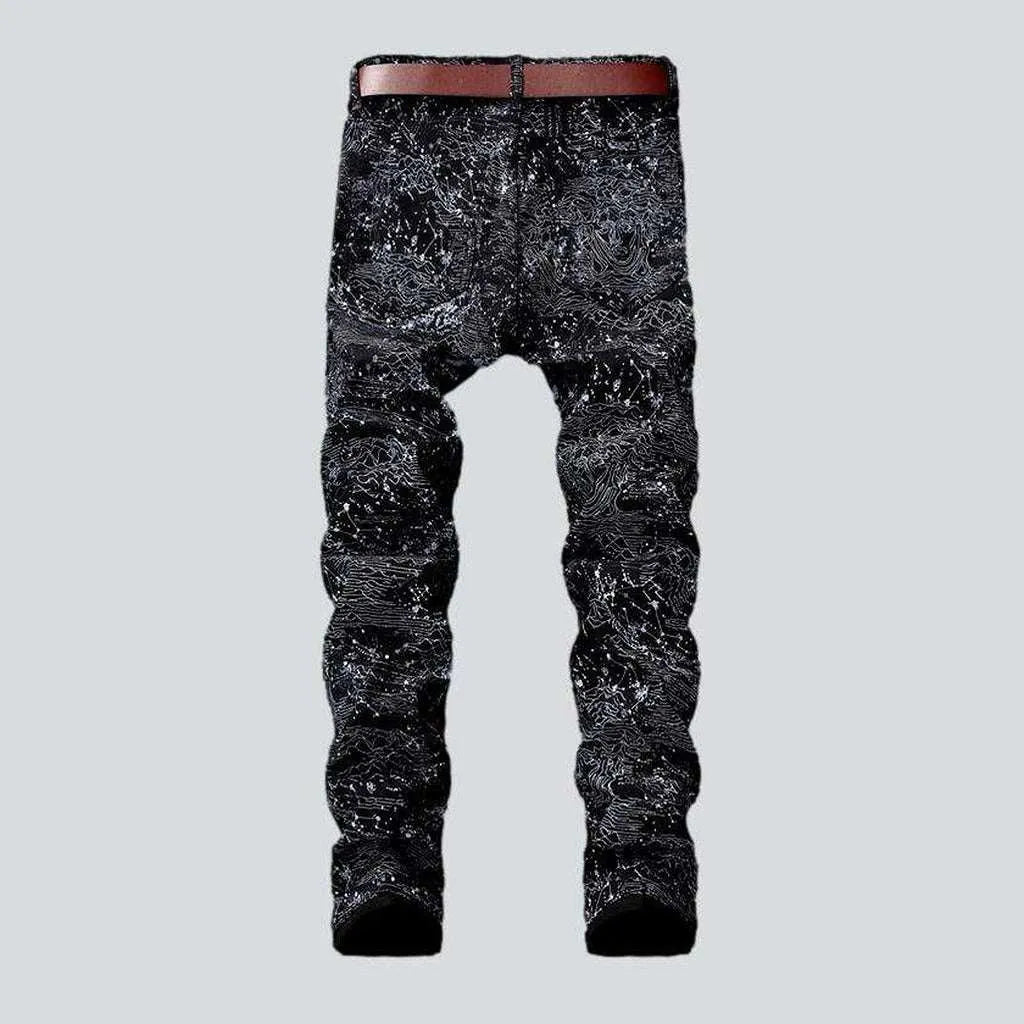 Ornament print black men's jeans