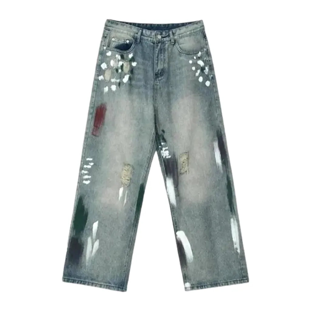 Boho Grunge Street Style Men's Jeans - Light Blue