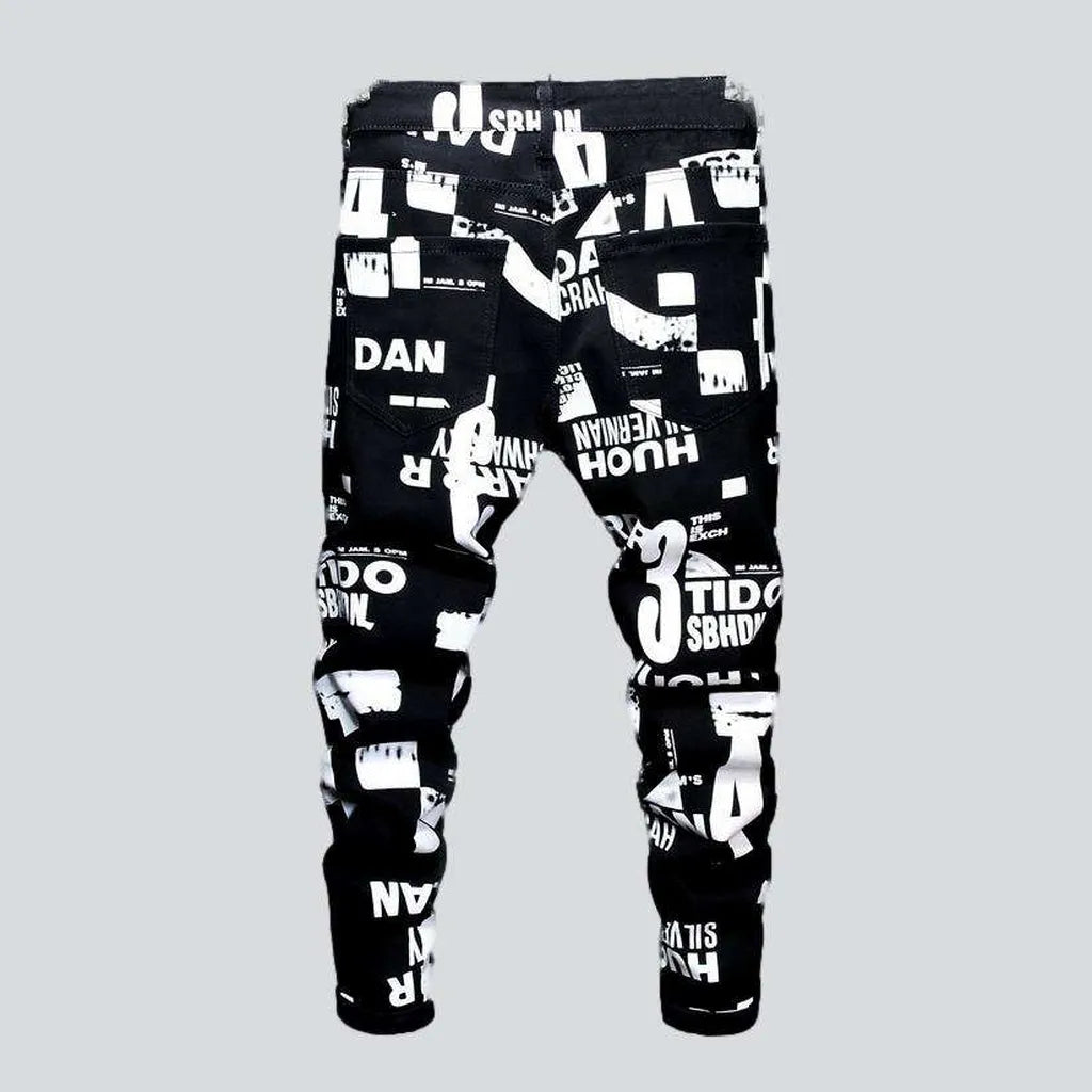 White print black men's jeans