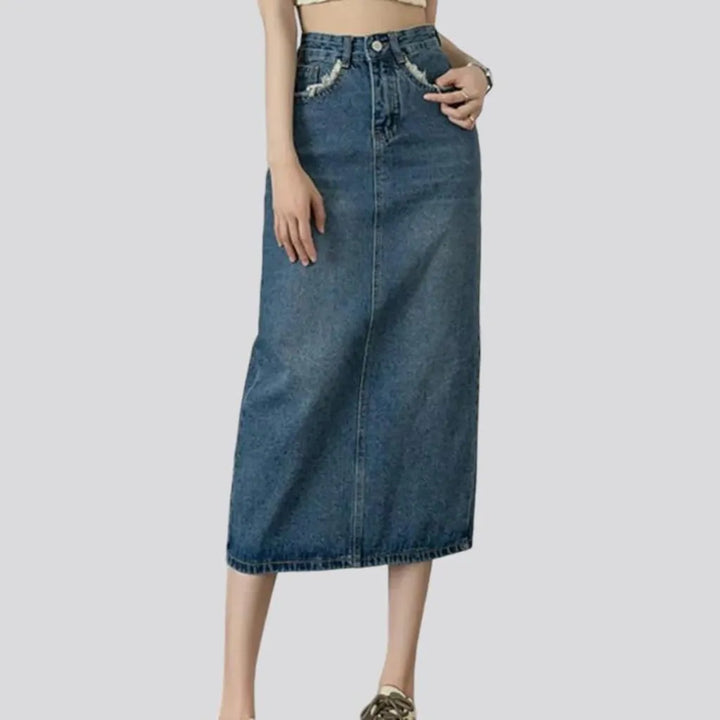 Frayed-pockets long jeans skirt