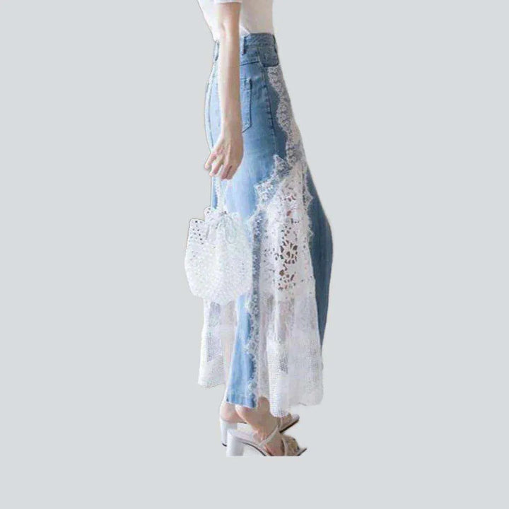 Lace embroidery long denim skirt