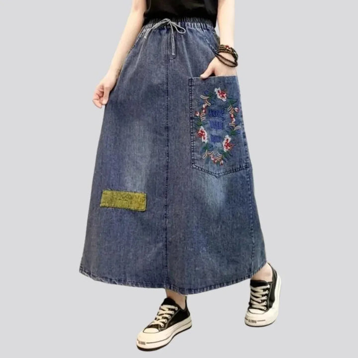 Embroidered boho women's denim skirt