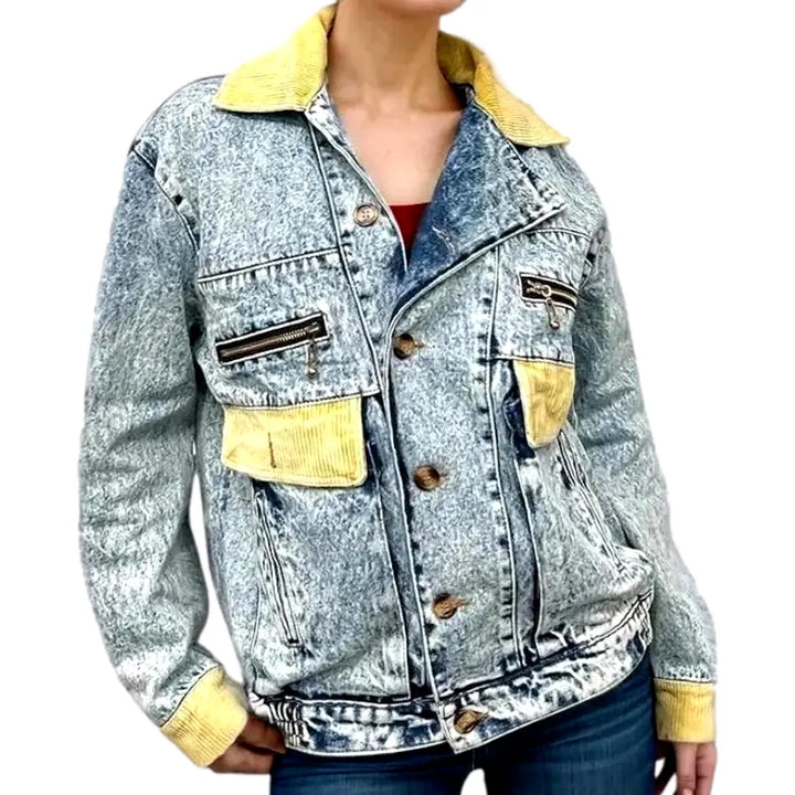 Faded Wash Corduroy Collar Denim Jacket for Women - Light Blue