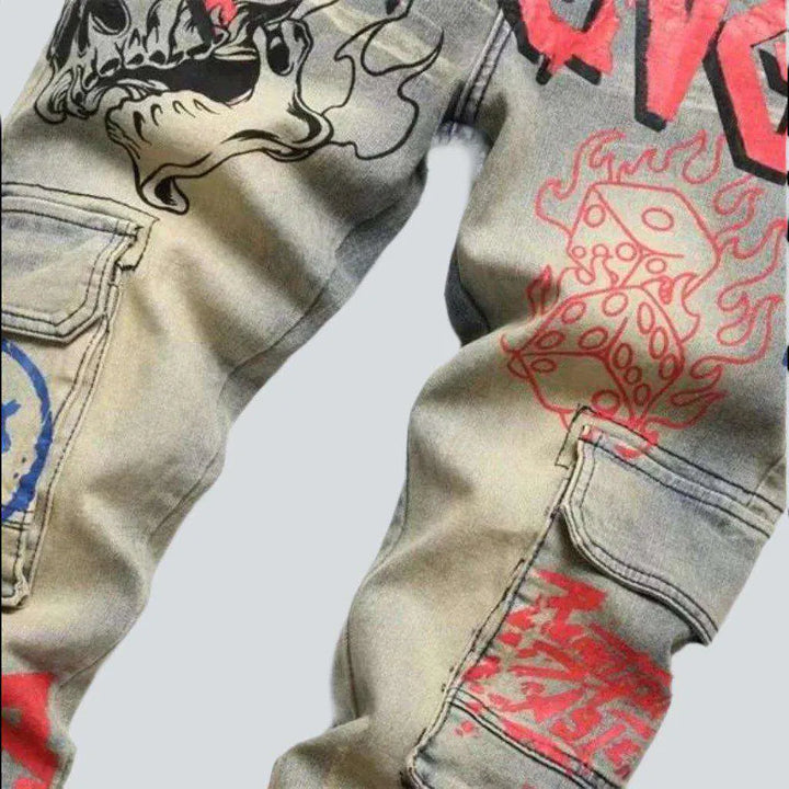 Graffiti print frayed men's jeans