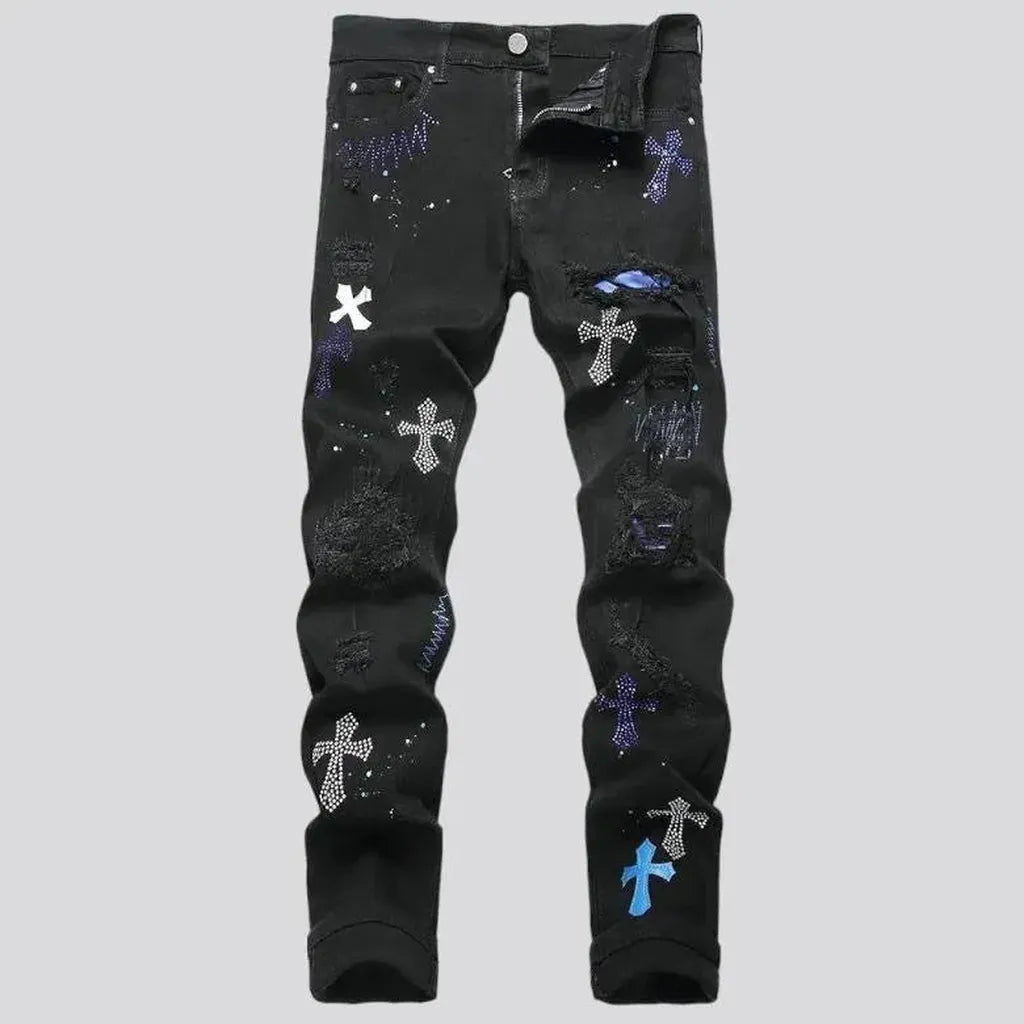 Cross-embroidery men's street jeans