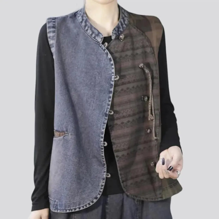 Ornament round-collar jeans vest