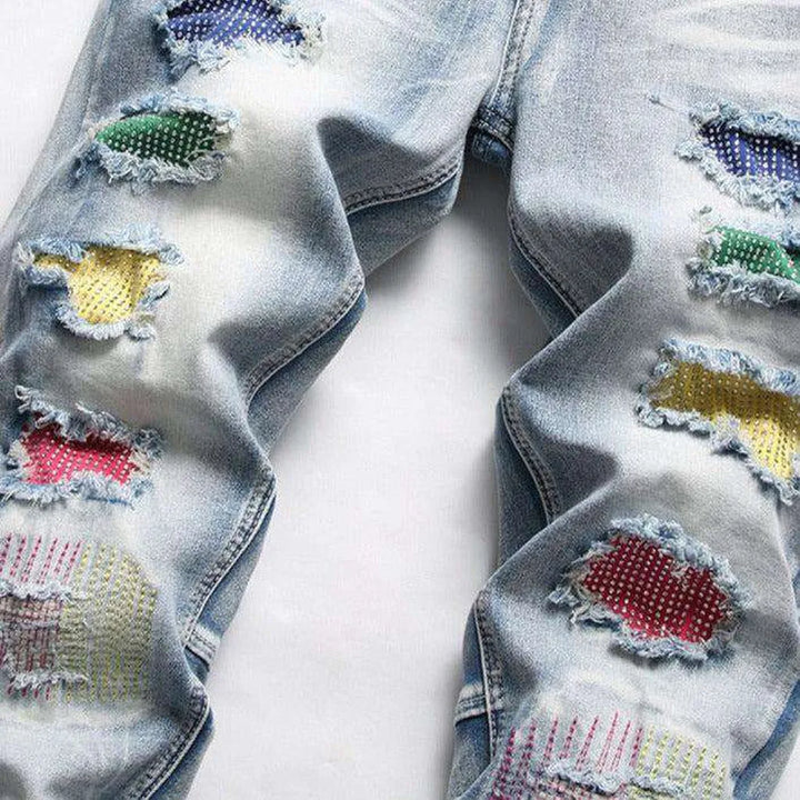 Color-embellished patchwork men's jeans